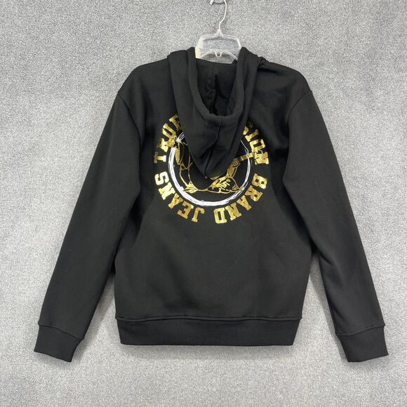 True Religion Full Zip Hoodie Mens Medium Black Gold Big logo Sweatshirt - Picture 2 of 16